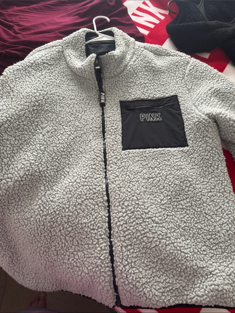 PINK Victoria's Secret Black Shell Jacket with Light Gray Sherpa Lining